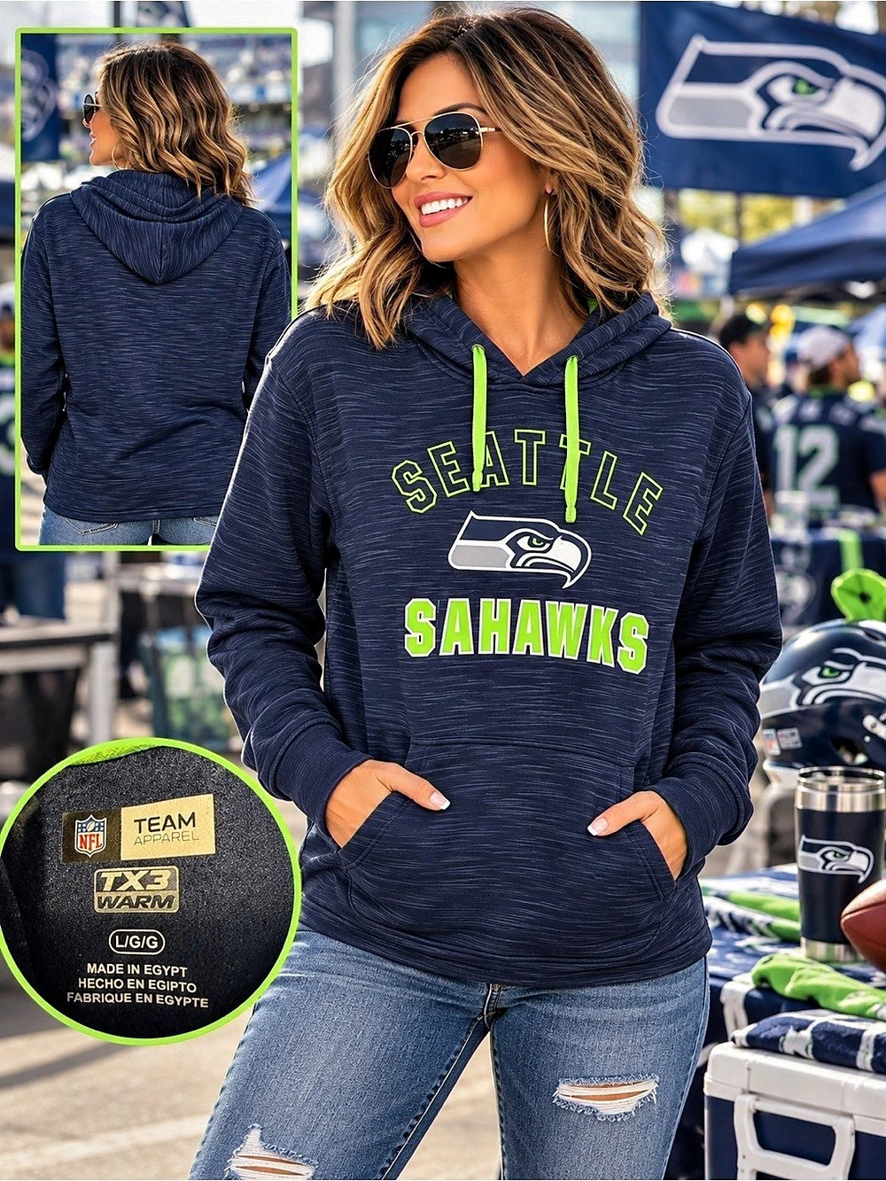 Team Apparel Seahawks Graphic Hoodie in Blue & Green Like New